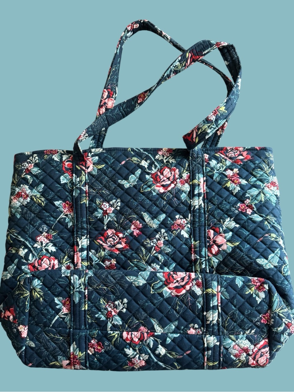 Vera Bradley Navy Quilted Tote with Pink Floral Print